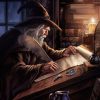 male wizard with classic hat writing a magic scroll _ studying character concept for DnD _ Pathfinder could be a classic absent minded wizard Mano izquierda - demonolatría, luciferinos y demonólatras nivel 1