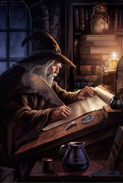 male wizard with classic hat writing a magic scroll _ studying character concept for DnD _ Pathfinder could be a classic absent minded wizard Mano izquierda - demonolatría, luciferinos y demonólatras nivel 1